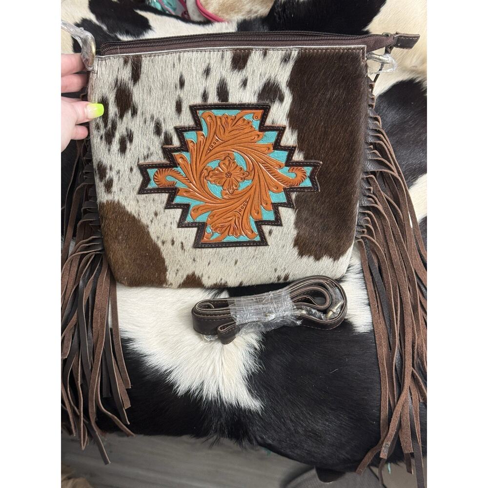 Cowhide Hand Turquoise Tool Leather Fringe Crossbody Handbag Pocketbook Conceal